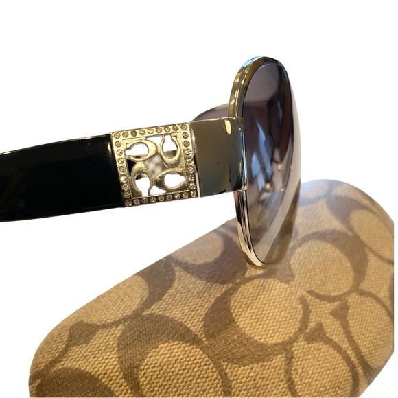 COACH Aviator Shield Sunglasses NWOT in Black & Silver w/Rhinestone Logo Detail - Picture 6 of 14